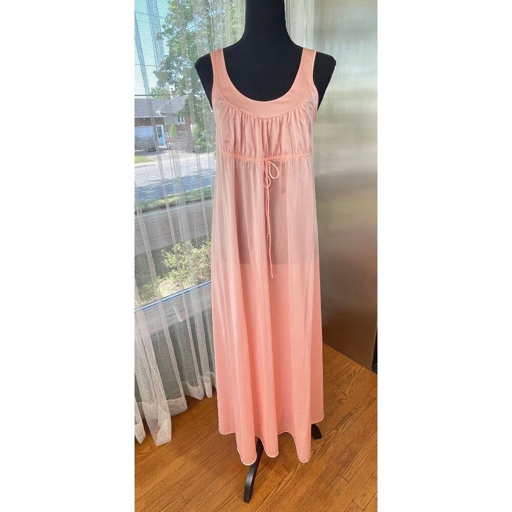 Vintage 80s night dress, peach sleeveless nightgown, slip on negligee